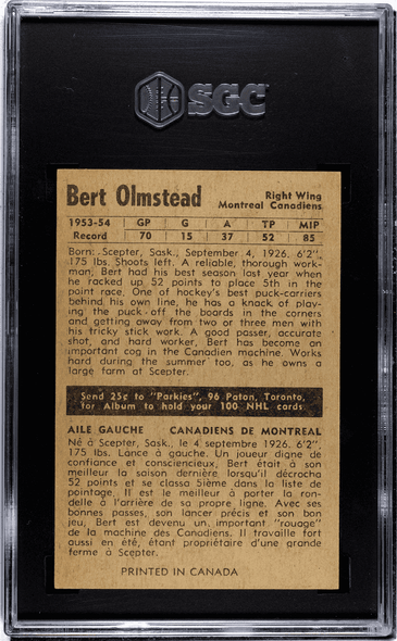 1954-55 Parkhurst Bert Olmstead #5 Montreal Canadiens HOF SGC 7 back of card 1954-55 Parkhurst Bert Olmstead #5 Montreal Canadiens HOF SGC 7 back of card