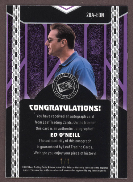 This 2024 Leaf Press Pass Ed O'Neill card is in EX-NM condition. It is 1 years old.