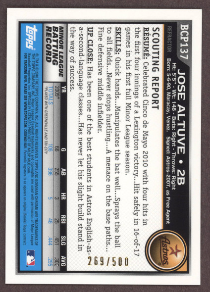 2010 Bowman Chrome Jose Altuve #BCP137 Chrome Refractor, #269/500 Houston Astros RC VG-EX back of card