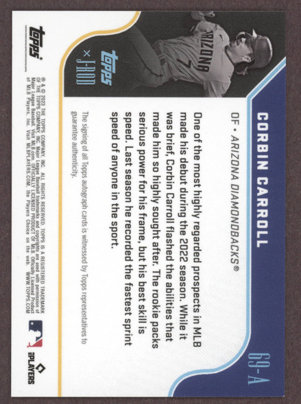 2023 Topps x J-Rod The Show Out Collection Corbin Carroll #69-A Autographs Black #10/10 Arizona Diamondbacks On-Card Autograph RC back of card