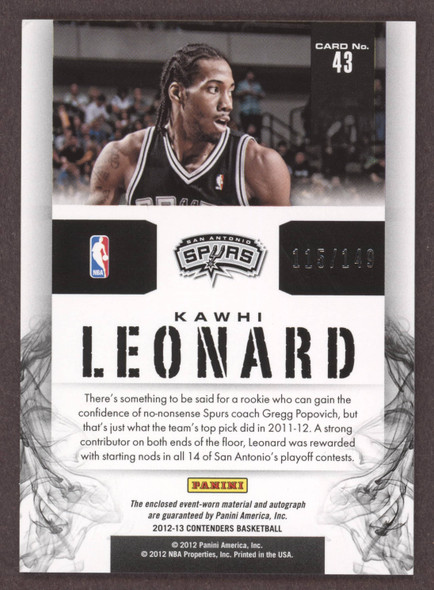 2012-13 Panini Contenders Kawhi Leonard #43 Substantial Signatures Jersey, #115/149 San Antonio Spurs On-Card Autograph back of card