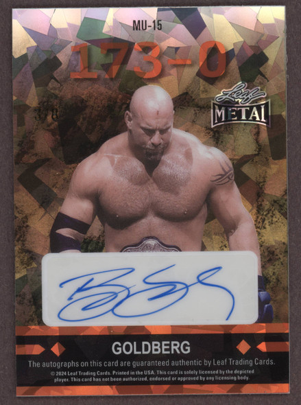 2024 Leaf Collective Floyd Mayweather / Goldberg #MU-15 Multi Mash-UPs Crystal Orange, #3/8 HOF On-Card Autograph EX back of card