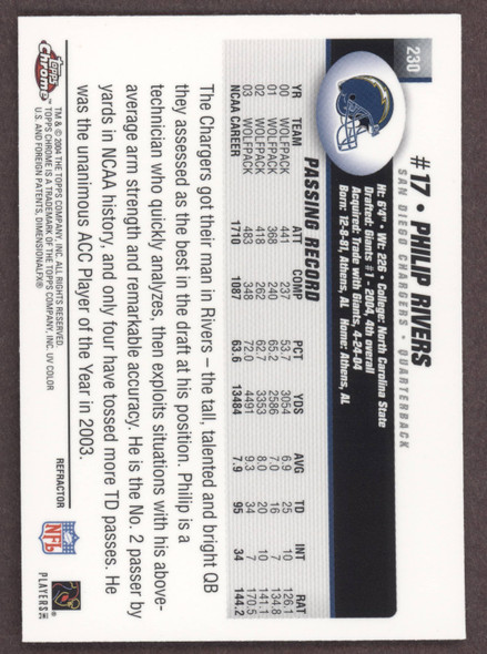 This 2004 Topps Chrome Philip Rivers card is in EX-NM condition. It is 21 years old.