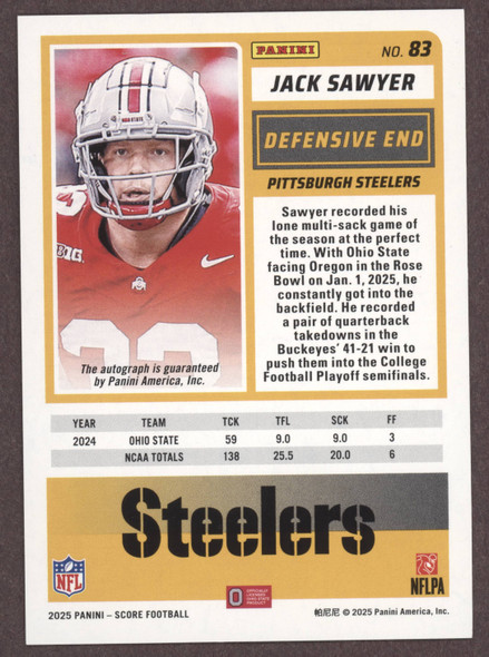 This 2025 Panini Score Jack Sawyer card is in EX-NM condition. It is 0 years old.