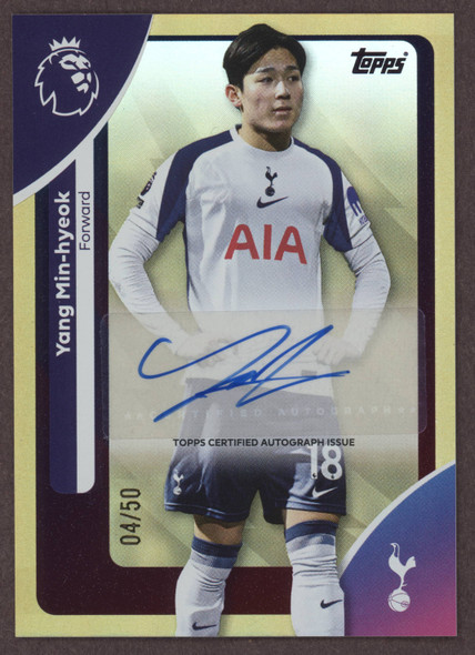 2025 Topps Premier League Yang Min-hyeok #AC-YMH Gold Rainbow Autographs #4/50 Tottenham Hotspur On-Card Autograph front of card