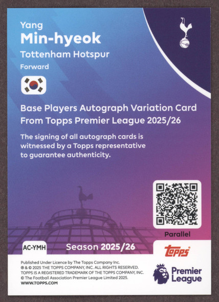 2025 Topps Premier League Yang Min-hyeok #AC-YMH Gold Rainbow Autographs #4/50 Tottenham Hotspur On-Card Autograph back of card