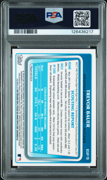 2011 Bowman Chrome Trevor Bauer #BCAP-TB Draft Prospect Autograph Arizona Diamondbacks On-Card Autograph RC PSA 9 back of card
