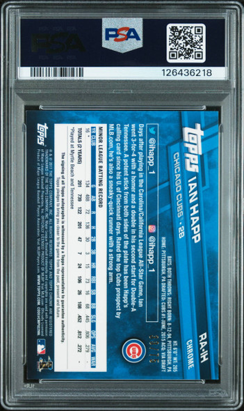 2017 Topps Chrome Ian Happ #RA-IH Rookie Auto Blue Wave Refractor, #33/75 Chicago Cubs On-Card Autograph RC PSA 9 back of card