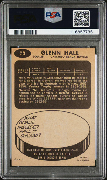 1965-66 Topps Glenn Hall #55 Chicago Blackhawks HOF PSA 7 back of card