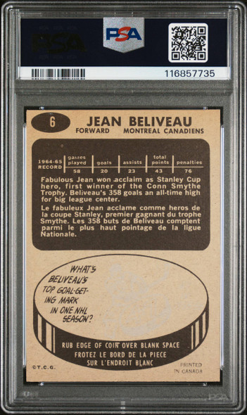1965-66 Topps Jean Beliveau #6 Montreal Canadiens HOF PSA 7.5 back of card