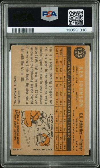 1960 Topps Ken Johnson #135 Kansas City Athletics In Person Autograph RC PSA 1.5 Auto 10 back of card