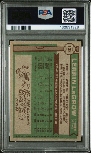 1976 Topps Lerrin LaGrow #138 Detroit Tigers In Person Autograph PSA 5 Auto 10 back of card