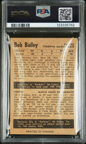 1954 Parkhurst Bob Bailey #28 Toronto Maple Leafs RC PSA 6 back of card