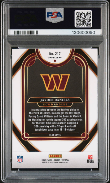 2024 Select Jayden Daniels #217 Red & Blue Shock Washington Commanders RC PSA 10 back of card