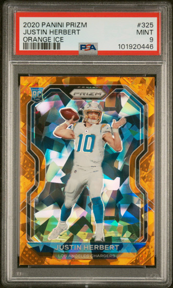 2020 Panini Prizm Justin Herbert #325 Orange Ice Los Angeles Chargers RC PSA 9 front of card