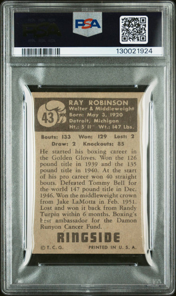 1951 Topps Ringside Sugar Ray Robinson #43 HOF PSA 3 back of card