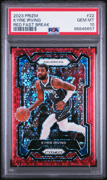 2023-24 Panini Prizm Kyrie Irving #22 Red Fast Break, 21/100 Dallas Mavericks PSA 10 front of card