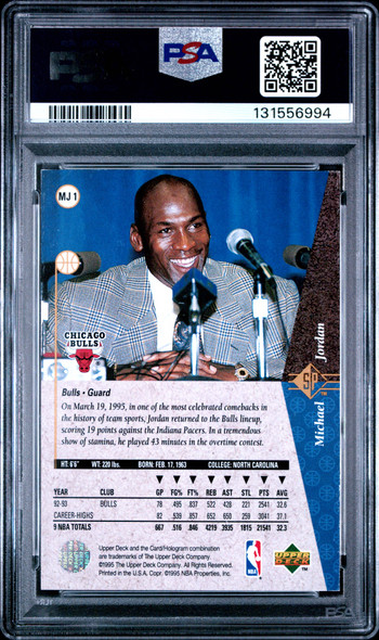 1994 SP Michael Jordan #MJ1 Silver Chicago Bulls HOF PSA 8 back of card