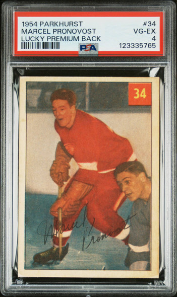 1954 Parkhurst Marcel Pronovost #34 Lucky Back Premium Detroit Red Wings HOF PSA 4 front of card