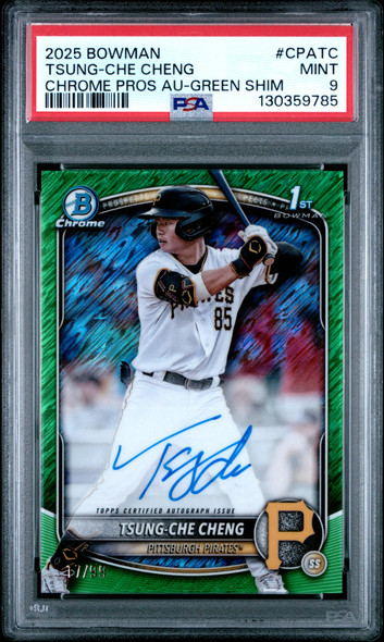2025 Bowman Chrome Tsung-Che Cheng #CPA-TC Green Shimmer, /99 Pittsburgh Pirates On-Card Autograph RC PSA 9 front of card