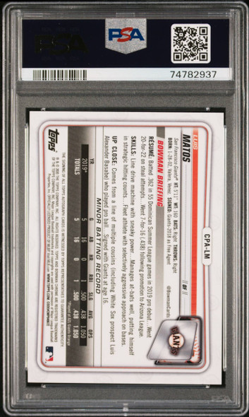 2020 Bowman Chrome Luis Matos #CPA-LM Prospect Auto Green Refractor, /99 San Francisco Giants On-Card Autograph RC PSA 8 back of card