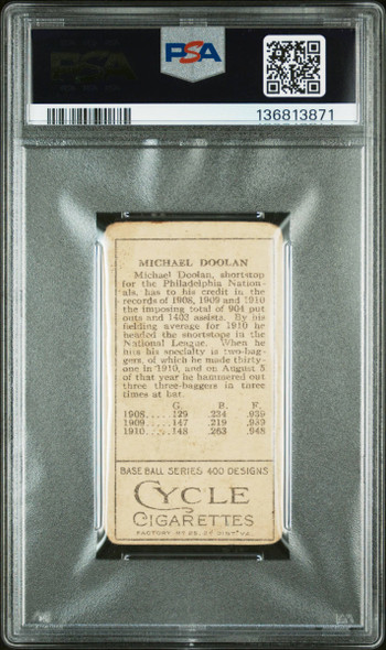 1911 T205 Michael Doolan Cycle Cigarettes Factory No. 25 Philadelphia Phillies PSA 1.5 back of card