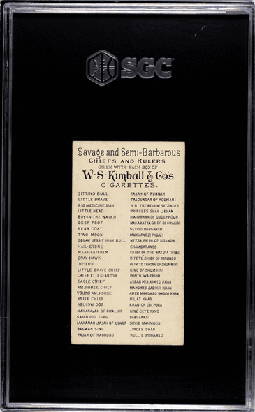 1889 W.S. Kimball & Co. Jindee Shah N189 Savage & Semi-Barbarous Cheifs & Rulers SGC 4 back of card