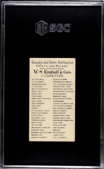 1889 W.S. Kimball & Co. Jindee Shah N189 Savage & Semi-Barbarous Chiefs & Rulers SGC 4 back of card