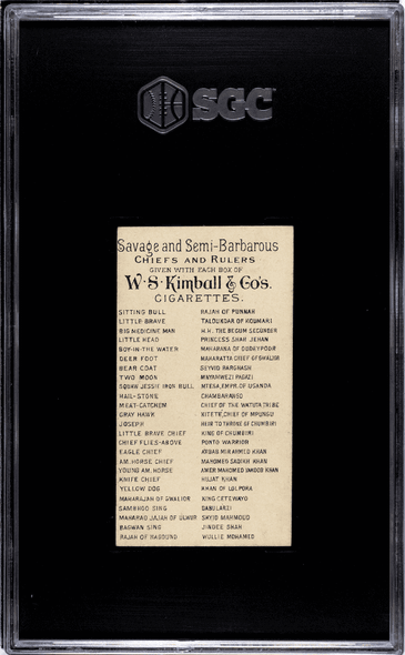 1889 W.S. Kimball & Co. Taloukdar Of Koumari N189 Savage & Semi-Barbarous Chiefs & Rulers SGC 4.5 back of card
