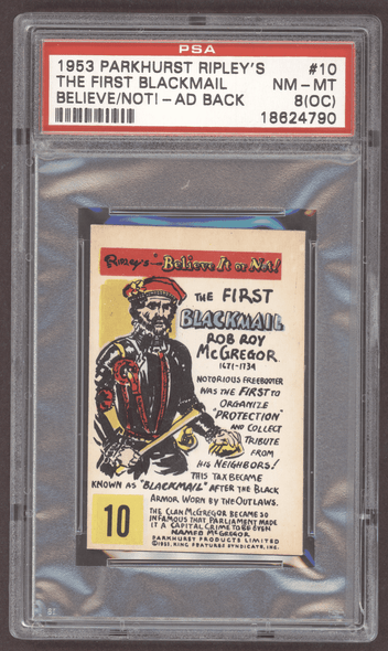 1953 Parkhurst The First Blackmail #10 Ripleys Believe It Or Not Ad Back PSA 8(OC) front of card