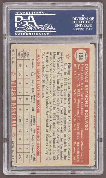 1952 Topps Don Bollweg #128 New York Yankees RC PSA Authentic Auto back of card