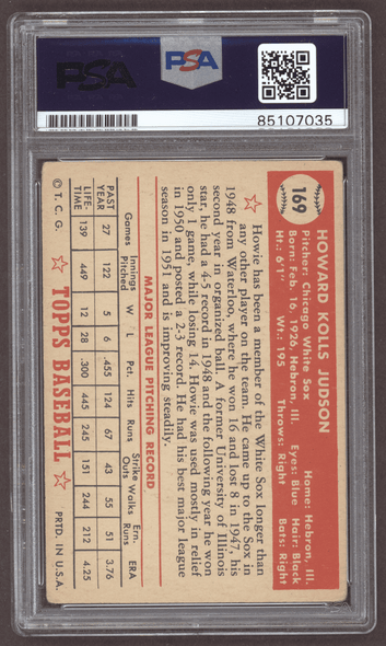 1952 Topps Howie Judson #169 Chicago White Sox PSA Authentic Auto back of card