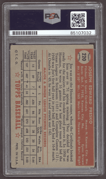 1952 Topps Joe Presko #220 St. Louis Cardinals PSA Authentic Auto back of card