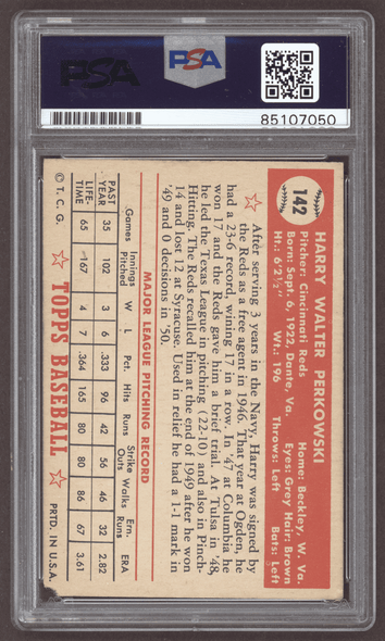 1952 Topps Harry Perkowski #142 Cincinnati Reds RC PSA Authentic Auto back of card