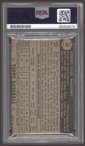 1952 Topps Bob Mahoney #58 St. Louis Browns RC PSA Authentic Auto back of card