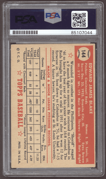 1952 Topps Eddie Blake #144 Cincinnati Reds RC PSA Authentic Auto back of card