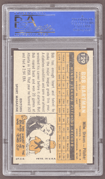1960 Topps Bob Hartman #129 Rookie Star Milwaukee Braves PSA 6 back of card