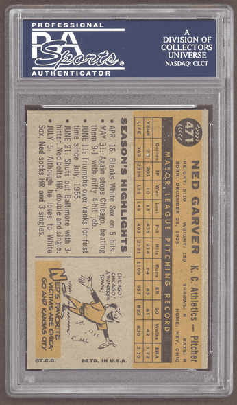 1960 Topps Ned Garver #471 Kansas City Athletics PSA 6 back of card