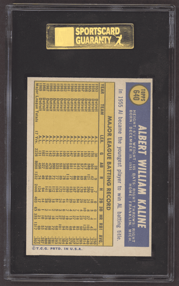 1970 Topps Al Kaline #640 Detroit Tigers HOF SGC 8.5 back of card