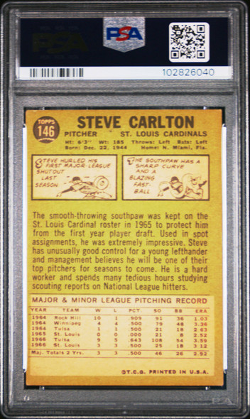 1967 Topps Steve Carlton #146 St. Louis Cardinals HOF PSA 4.5 back of card