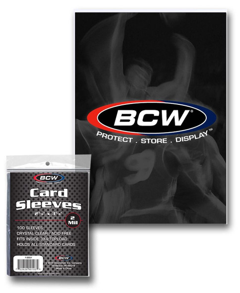 BCW Standard Card Sleeves 100 Ct. retail pack with BCW backdrop, detail view