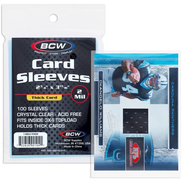 BCW Thick Card Sleeves 100 Ct. retail pack with a sleeved trading card, detail view