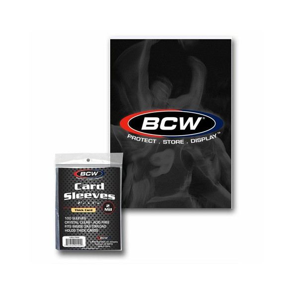 BCW Thick Card Sleeves 100 Ct. retail pack with BCW backdrop, detail view