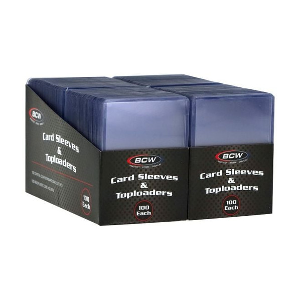 BCW Card Sleeves & Toploaders - 200ct two bulk boxes angled together, detail view