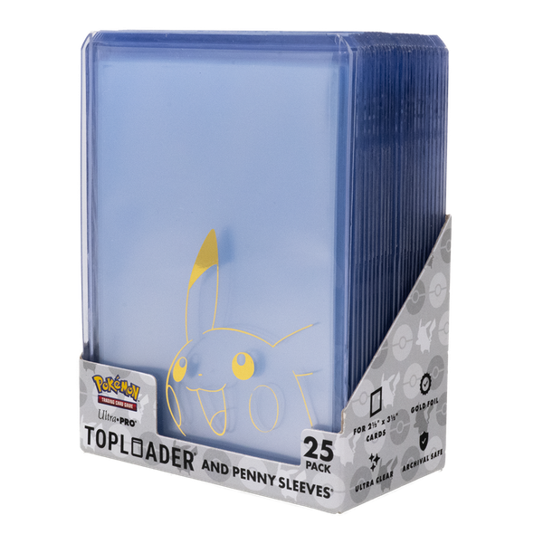 Ultra Pro Pokemon Pikachu 3x4 Toploader & Soft Sleeve Combo Pack Pikachu retail box with toploaders and sleeves, detail view