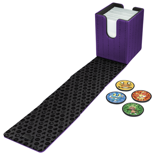 Ultra Pro Alcove Click Deck Box - Pokemon Kalos Region open purple deck box with divider, detail view