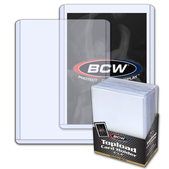 BCW Standard Card Topload Holder - 20 Pt. 25 Ct. retail box with a loose toploader, detail view