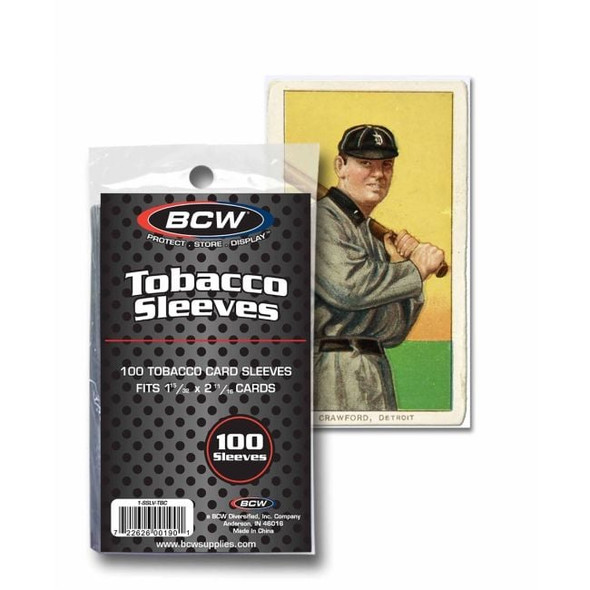 BCW Tobacco Card Sleeves 100 Ct. retail pack with a tobacco card, detail view