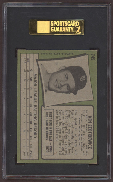 1971 Topps Ken Szotkiewicz #749 Detroit Tigers RC SGC 4 back of card
