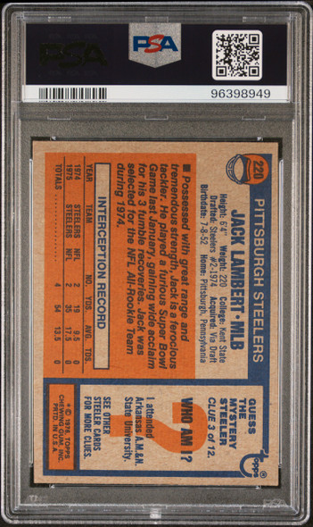 1976 Topps Jack Lambert #220 Pittsburgh Steelers HOF RC PSA 4 back of card
